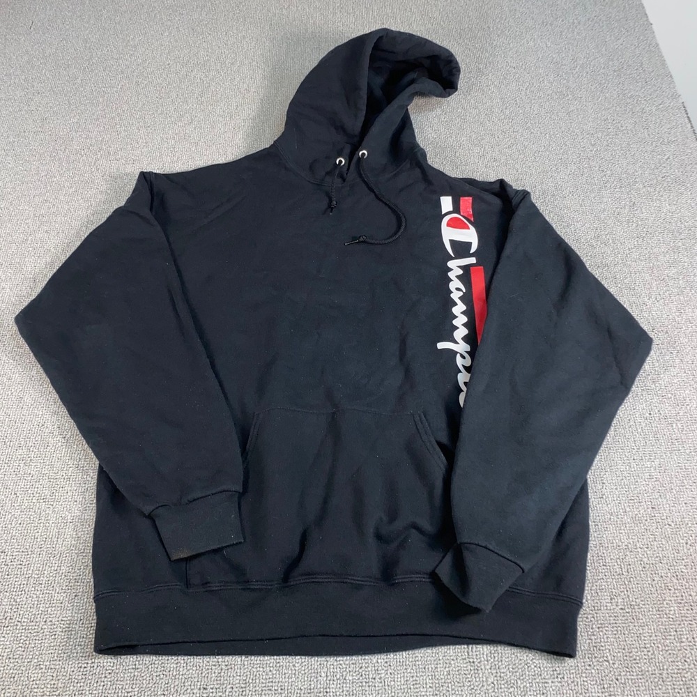 Champion Hoodie Mens 1XL Black Vertical Script Logo Pullover Fleece Sweatshirt